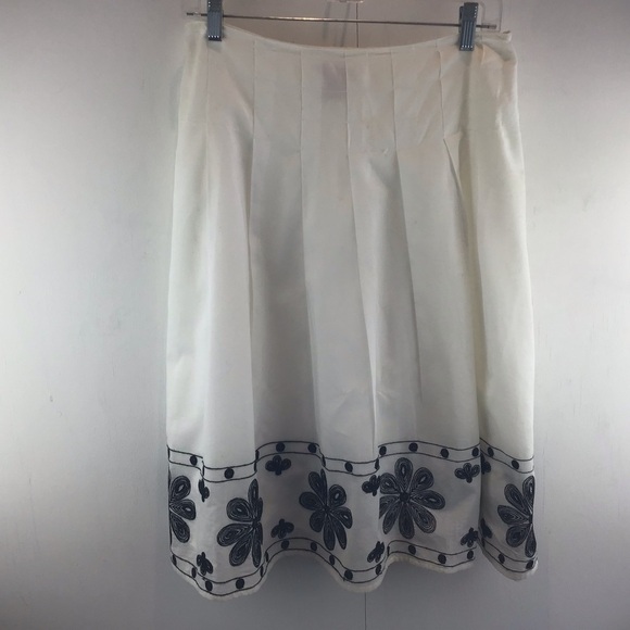 Pleated white cotton drop waist lined embroidered hem Sunny Leigh midi skirt Sz8 - Picture 1 of 6